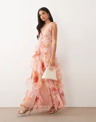 ASOS LUXE ruched maxi dress with waterfall detail in pink fruit print