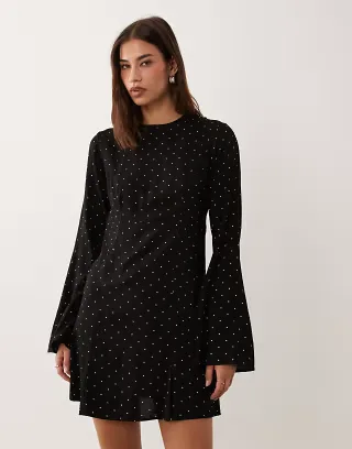 ASOS DESIGN long sleeve mini dress in black and white polka dots