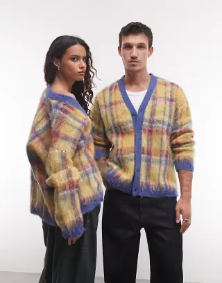 Reclaimed Vintage unisex knitted brushed v neck cardigan in check