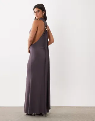 ASOS DESIGN high neck cowl maxi dress with hardware detail and sash in slate