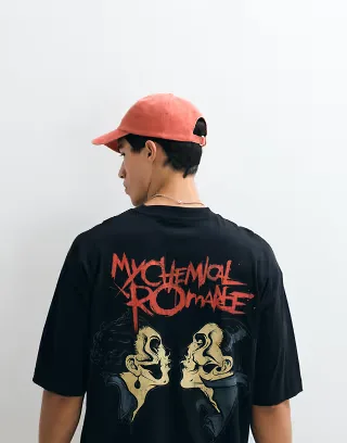 ASOS DESIGN oversized T-shirt with MCR faces print in Black