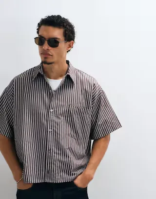 Reclaimed Vintage short sleeve boxy shirt in brown striped print