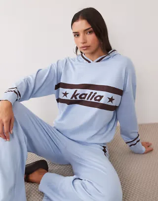 Kaiia knitted logo stripe v-neck hoodie set in blue and dark brown