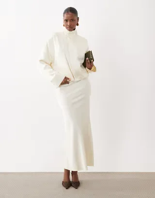Kaiia exclusive satin funnel neck balloon hem bomber jacket and skirt set in cream