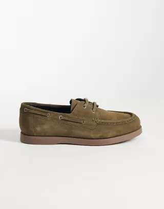 ASOS DESIGN lace up boat shoes with gum soles in khaki-green suede