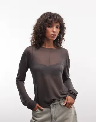 Weekday slash neck sheer knit top with front seam detail in dark gray