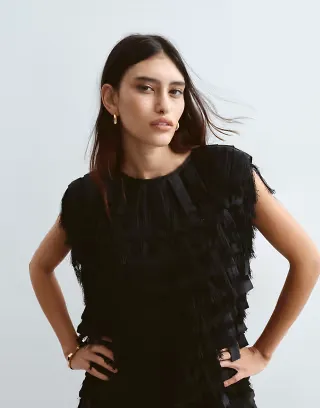ARRANGE fringe textural satin loop strong shoulder top in black