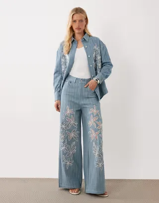 Ghospell Rox cotton high rise floral broderie detail wide leg jeans in light blue pinstripe