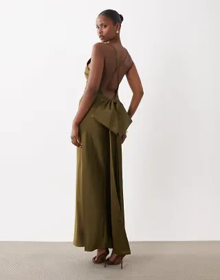 ASOS DESIGN satin cami maxi dress with bow back in khaki