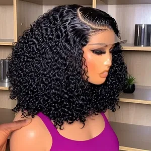 Brazilian 13x4 Lace Front Wigs - 34-36 Inch Curly Water Wave Human Hair, Glueless Wear and Go Short Bob with Baby Hair f