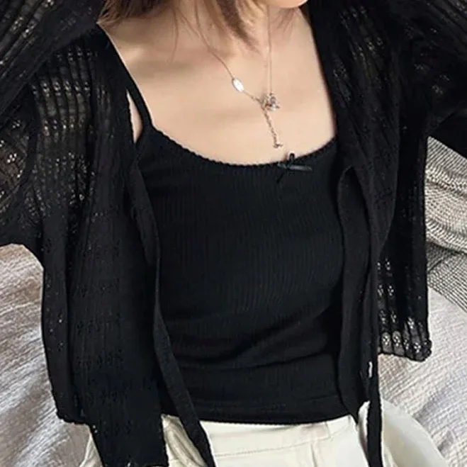 Black Tie-Up Cardigan Lightweight Shrug Bolero Sweater For Women Sheer Hollow Out Knit Cropped Slim Fit Deep V Neck Long