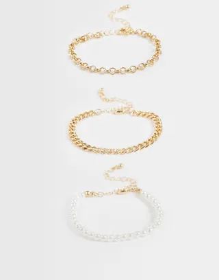 DesignB London pack of 3 chain and pearl bracelets in gold