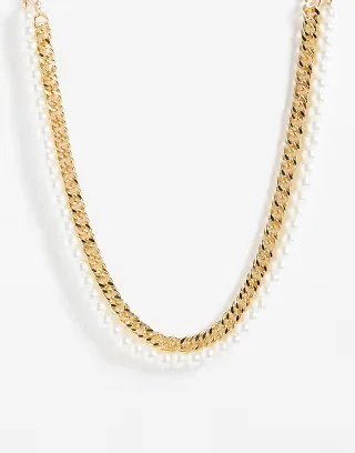 DesignB London set of two intertwined link chain and pearl necklace in gold