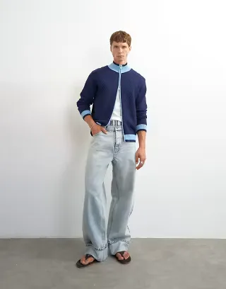 Topman rigid baggy fit jeans with turn-up hem in light wash