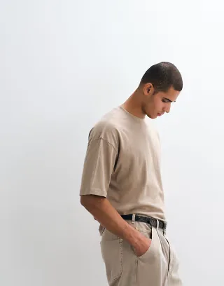 ASOS DESIGN boxy oversized T-shirt in beige with linen