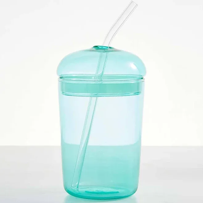 Dunelm Teal Glass Tumbler with Straw