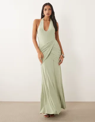 ASOS DESIGN plunge slinky maxi dress with ruched drape detail in sage green