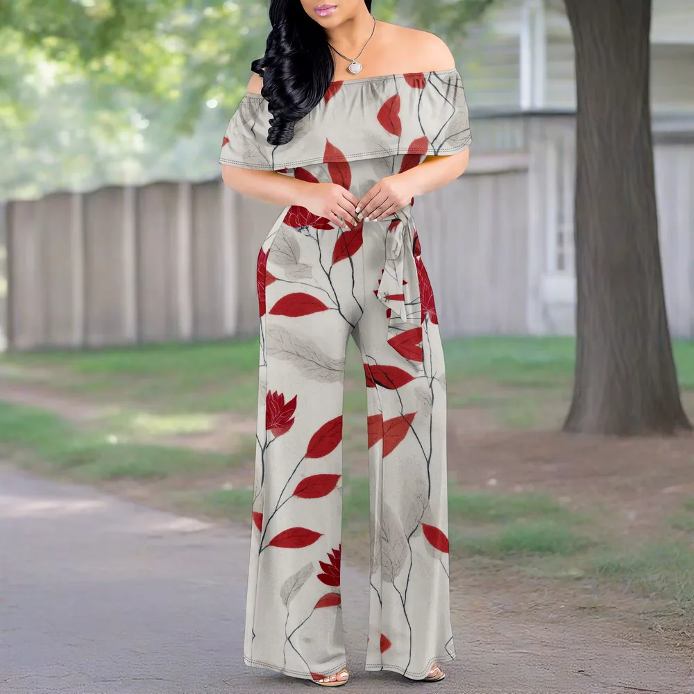 Boho Leaf Print Off Shoulder Jumpsuit for Women Elegant Wide Leg Belted Holiday Romper