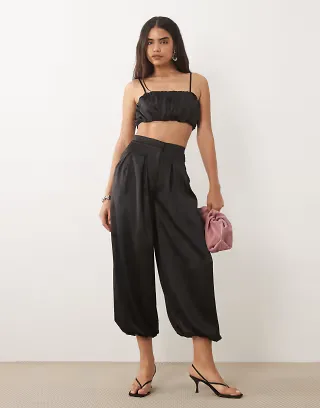 ASOS DESIGN satin bubble pleated pants in black - part of a set