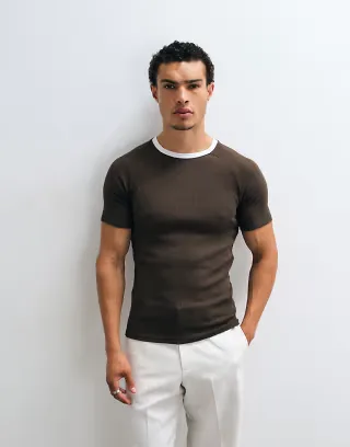 ASOS DESIGN muscle fit raglan ringer t-shirt in brown rib knit