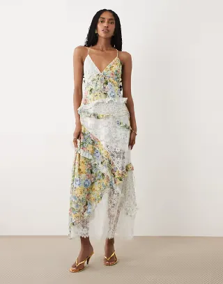 For Love & Lemons Rosalyn V-neck lace detail cami maxi dress in multi floral