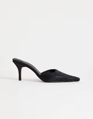 Topshop Avery embellished pointed toe heeled mules in black
