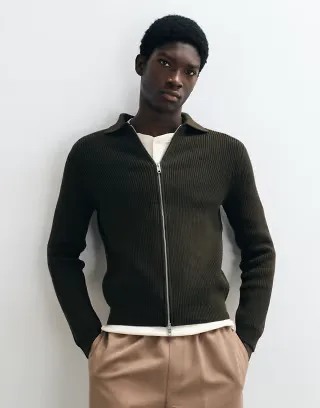 Mango knitted zip through cardigan in khaki