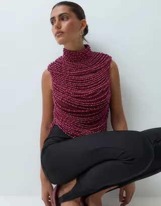 ASOS LUXE high neck beaded top in burgundy