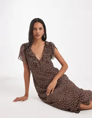 Kiss the Sky chiffon midaxi dress with ruffle edging in brown and white polka dot print