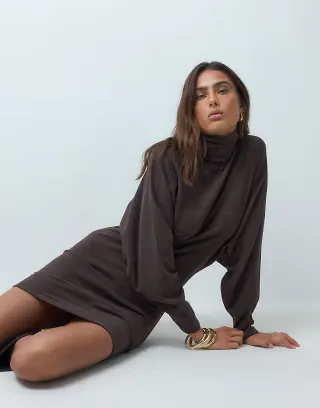 ASOS DESIGN supersoft draped batwing sleeve mini dress in chocolate