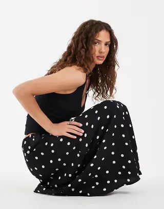 PIECES satin maxi skirt in black and white polka dot print