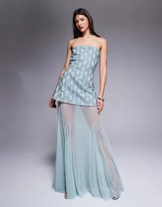 ASOS DESIGN Premium cutwork embellished structured maxi dress with sheer full skirt in blue