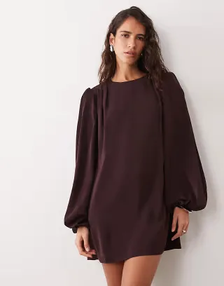 ASOS DESIGN crew neck mini dress with volume sleeve in chocolate