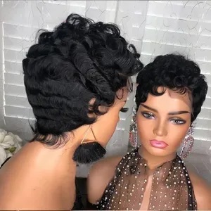 Short Pixie Cut Curly Brazilian Human Hair Wig for Black Women, Virgin Full Lace Front Glueless Wig