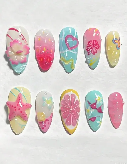 Multicolor 3D Almond Press On Acrylic Nails Designs Ombre Floral Lemon Crystal French Style Medium Full Coverage False N