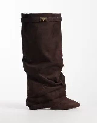 SEQWL Ranger faux suede fold over knee boots in chocolate brown