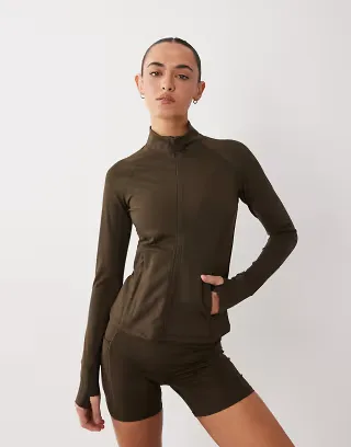 4505 Icon active zip up sculpting long sleeve jacket with zip pockets in coffee