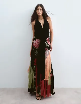 ARRANGE floral embroidered fringe halter plunge maxi dress in black