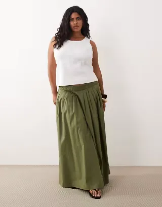 ASOS DESIGN Curve elastic waist volume midi skirt in khaki