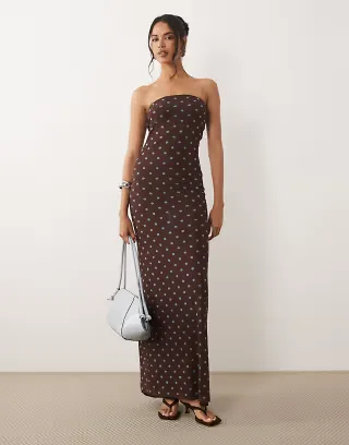 ASOS DESIGN sheer mesh bandeau maxi dress in brown polka dot print