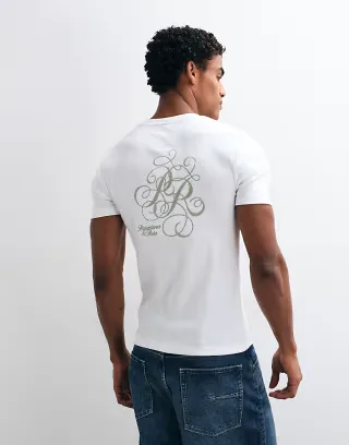 ASOS DESIGN muscle t-shirt with swirl text back graphic in white ribbed fabric