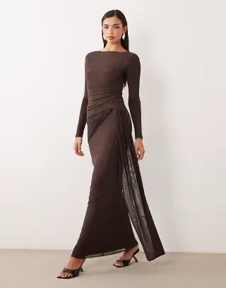 ASOS DESIGN mesh long sleeve maxi dress in brown