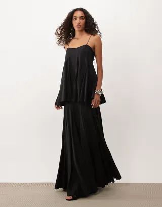 ASOS DESIGN Tall premium tiered cami maxi dress with godet full hem skirt in black