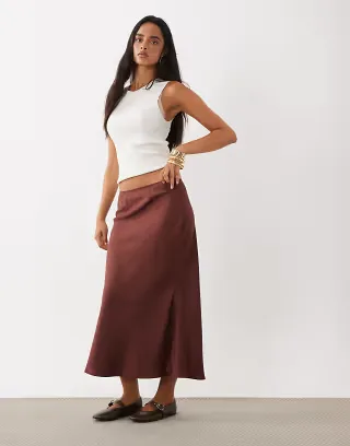 ASOS DESIGN satin bias maxi skirt in chocolate