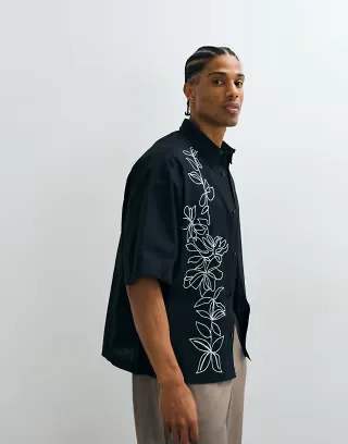 ASOS DESIGN boxy oversized shirt with linen and floral embroidery detail in black