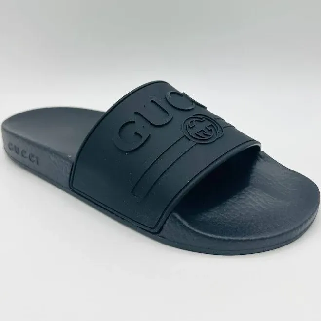 Gucci Women's Black Rubber Trademark Logo Slipper Sandal 525140 1031