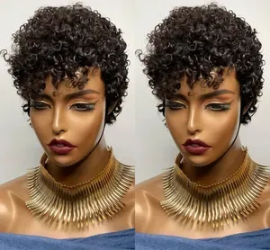 Curly Bob Brazilian Pixie Cut Short Human Hair Wig, Black Color, Machine Made Non Lace Front for Women