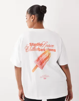 4505 Curve heavyweight cotton oversized T-shirt with ice cream back print in white