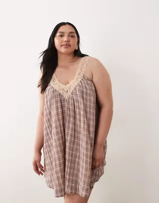 ASOS DESIGN Curve v neck smock poplin mini sundress with lace overlay in pink plaid