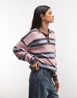 Daisy Street knit polo sweater in blue/pink stripe